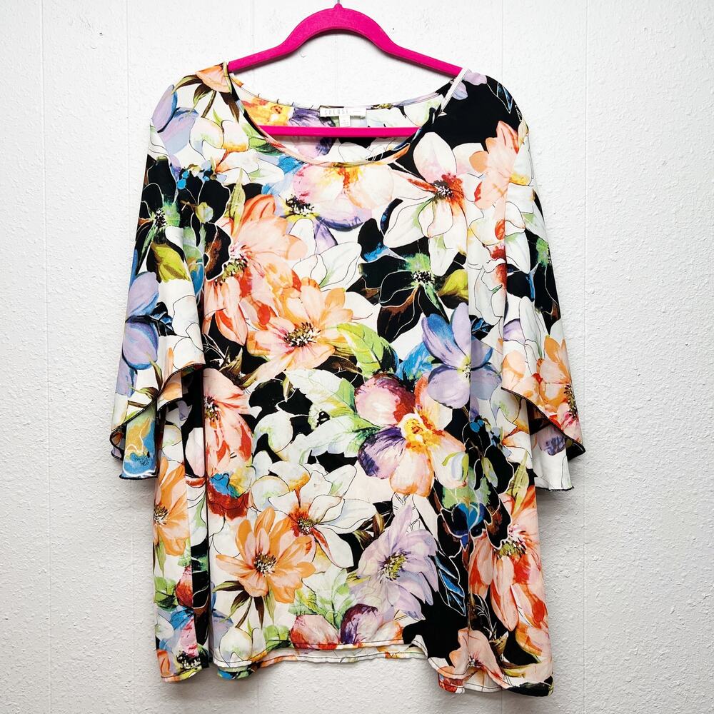 Spense Multicolor Floral Printed Boho Sheer Top Women 1X Relaxed Casual Tropical